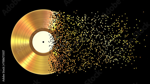 Iridescent gold vinyl disk crumbles into pixels. 3d illustration.