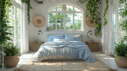  A bedroom with a neatly made bed and numerous potted plants along the bedside