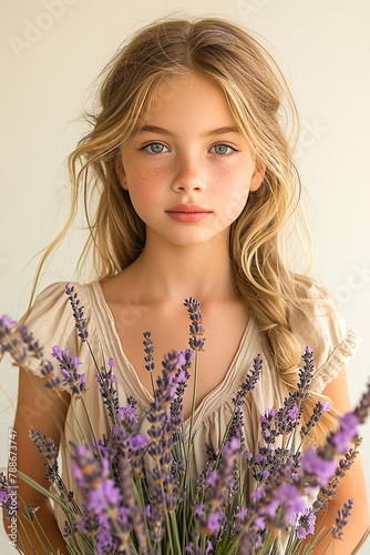 A portrait of a young girl with blue eyes holding a bouquet of lavender. Greetings of mother's day.