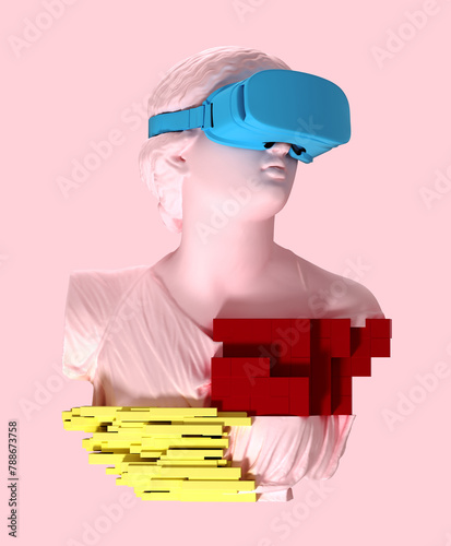 3D glitch of the head of a young woman with VR glasses. 3d illustration.