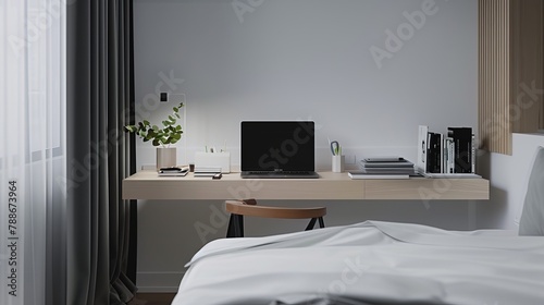 Minimalist Bedroom with Modern Desk Setup and Laptop AI Generated.