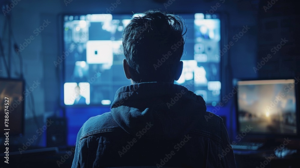 Criminal Hacker in hoody Looking at a virtual Screen while sitting at desk with computer monitors in Dark Room Criminal Hacker in hoody Looking at a virtual Screen while sitting at desk with computer monitors in Dark Room