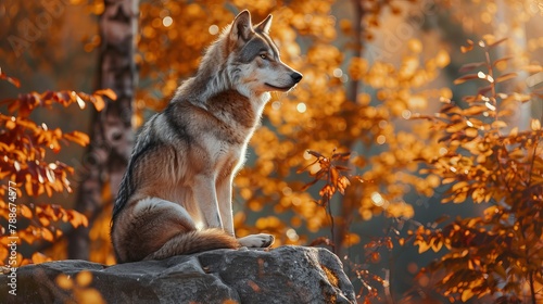 Wolf Sitting on the Stone in Autumn Forest