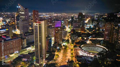 aerial view of Bogota, Colombia, in the color night that the mixes with the lights in the city. photo