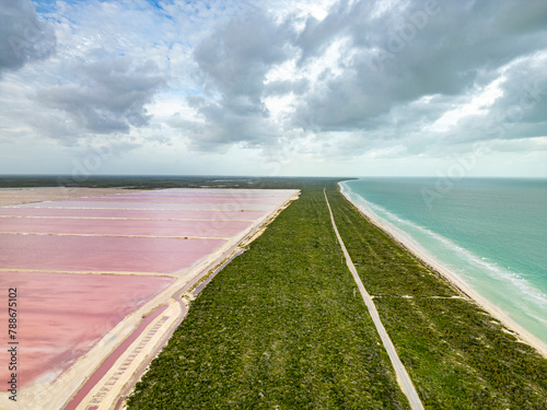 Aerial View of pink salt lakes and las coloradas beach, Río Lagartos Municipality, Yucatán, Mexico. photo