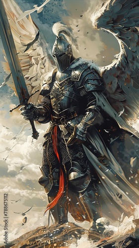 a person in armor with wings holding a sword
