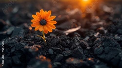   A solitary orange flower atop a mound of dark rocks as the sun sets