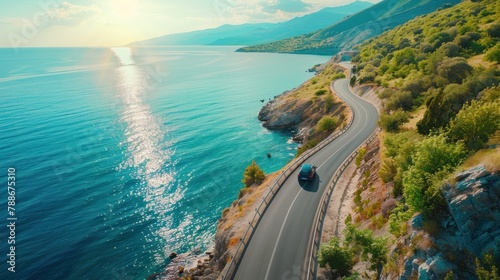 Aerial view car on the highway near sea coast for summer holiday trip vacation. AI generated image