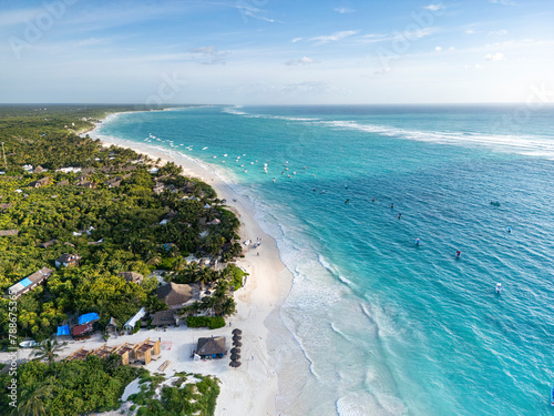 Aerial View of Playa Paraíso, Tulum, Quintana Roo, Mexico.
