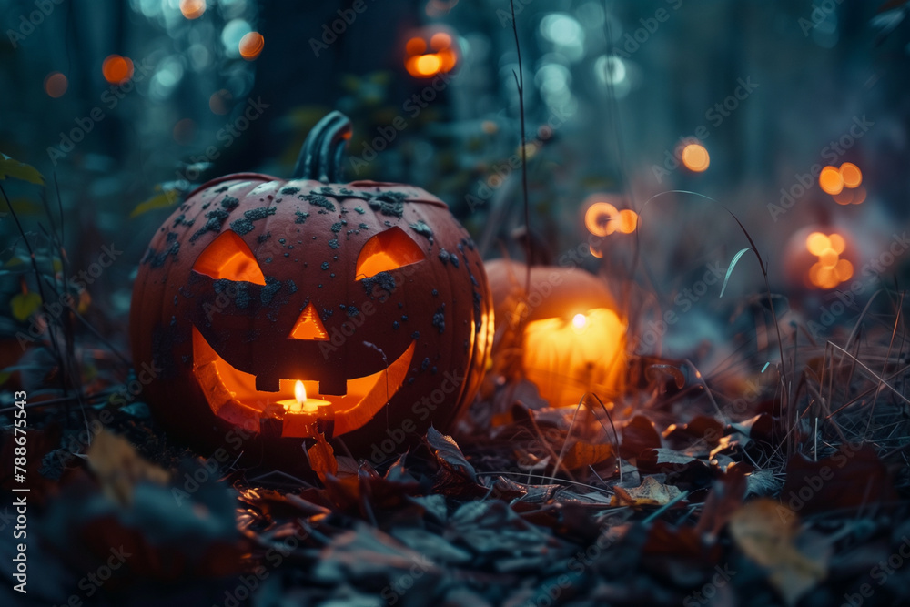 Three pumpkins with scary faces are lit up in the dark. The scene is set in a forest, with a bat flying overhead. Scene is spooky and eerie, with the glowing pumpkins adding to the atmosphere Three pumpkins with scary faces are lit up in the dark. The scene is set in a forest, with a bat flying overhead. Scene is spooky and eerie, with the glowing pumpkins adding to the atmosphere