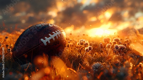 excitement of game day with a football positioned on the golden-yellow grass of a stadium, depicted in high resolution cinematic photography against a sunlit amber background.