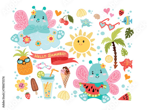 Set of cute summer icons: food, drinks, palm leaves, fruits and cute butterflies. Bright summertime poster. Collection of scrapbooking elements for beach party. Kids stickers on white background.