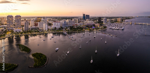 Aerial view of Palm Beach city port at sunset, West Palm Beach Public Dock, Florida, United States.