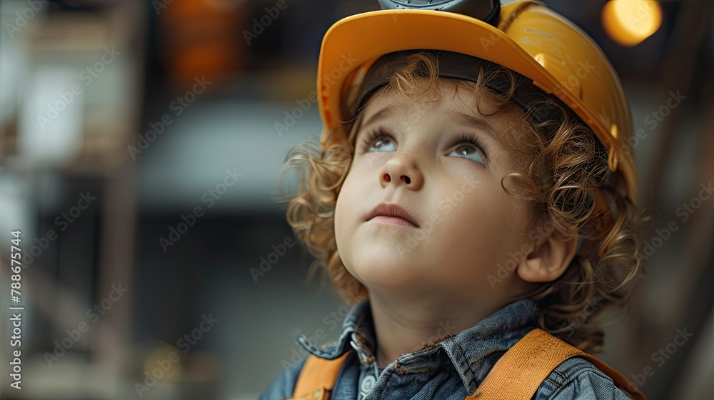 The young child with bouncy curls and a hard hat looked up in awe at the engineer The young child with bouncy curls and a hard hat looked up in awe at the engineer