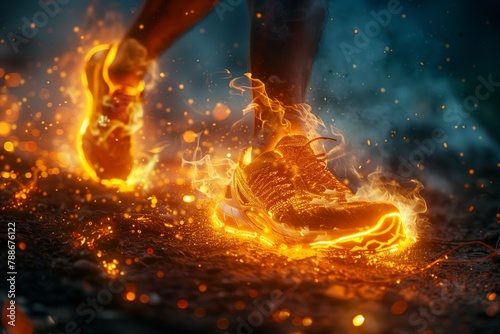 Flaming sports shoes in dynamic action