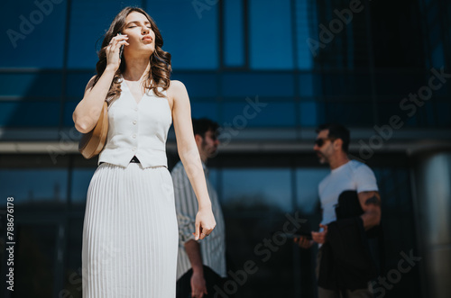 Fashionable businesswoman walking confidently in a corporate area during the daytime