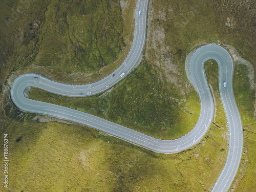Aerial view of winding mountain road through Circ de Pessons, Encamp, Andorra.