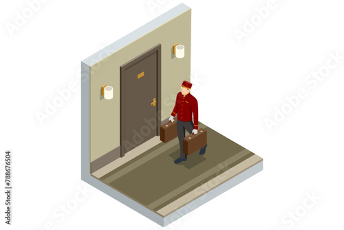 Isometric Porter with Baggage, Bellhop in Uniform. A porter carries suitcases of hotel guests to their room. Enjoy the Holiday and Vacation.