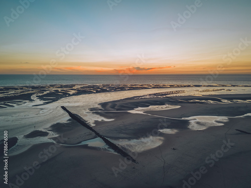 Aerial view of sandy coastline and sea, hopital, Berck Sur Mer, France.