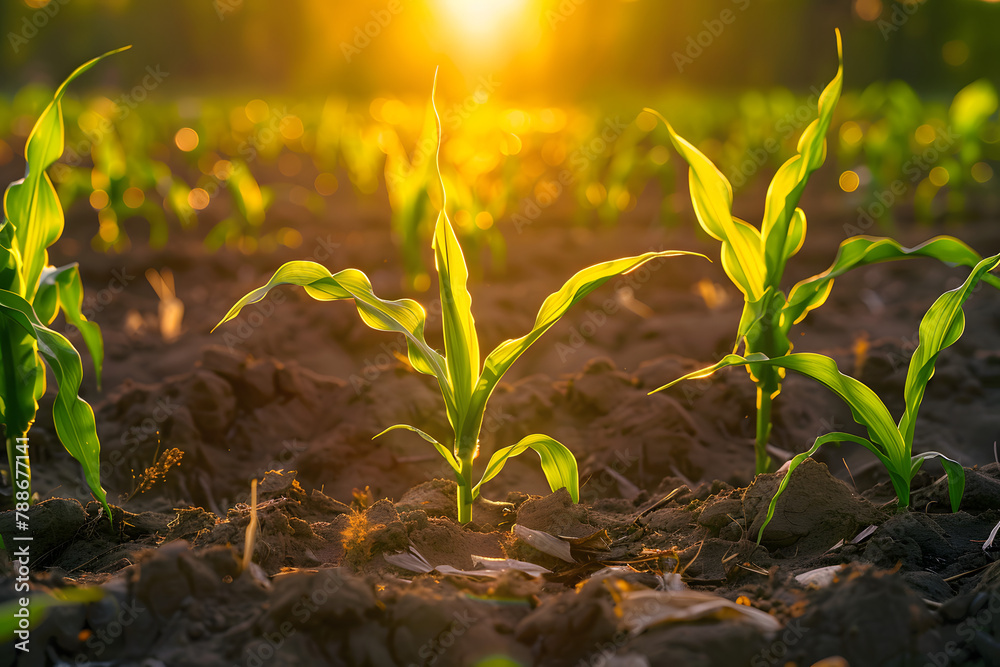 Fototapeta premium Lush young corn plants growing in a field illuminated by the warm light of sunset