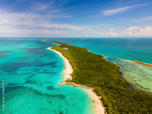 Aerial view of turquoise waters surrounding Rose Island, New Providence, The Bahamas.