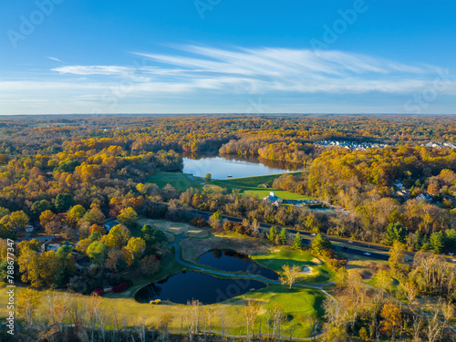 Aerial view of Centennial Park and Centennial Lake, Fairway Hills, Columbia, Maryland, United States. photo