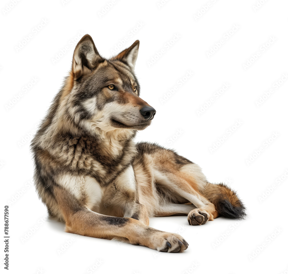 Fototapeta premium Relaxed grey wolf lying down on white background