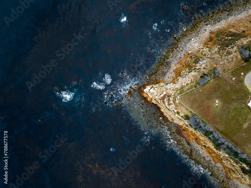 Aerial view of beautiful coastal beach at Palos Verdes Area, California, United States, featuring Point Vicente Lighthouse. photo