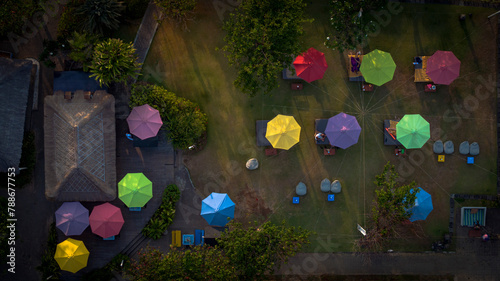 Aerial view of colourful umbrellas, Ayodya Bali, Kuta Selatan, Indonesia. photo