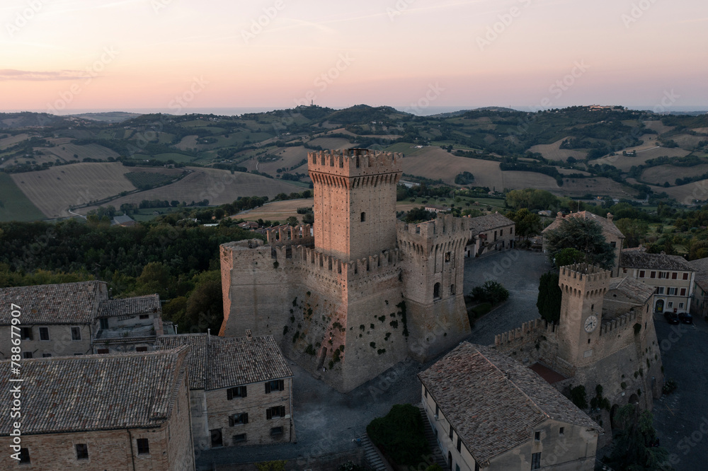 Aerial view of Rocca di Offagna, Marche, Italy.