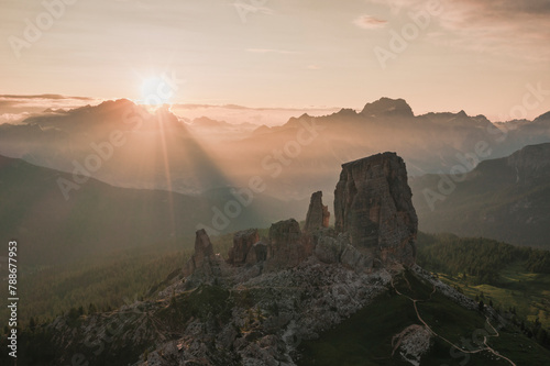 Aerial view of 5 towers in Dolomites, Cortina d'Ampezzo, Belluno, Italy. photo