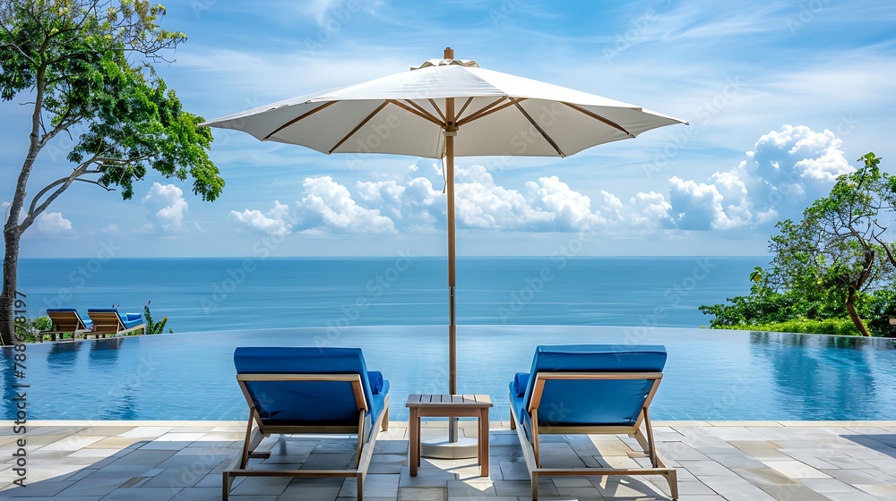 Luxury blue chairs and umbrella on ocean view