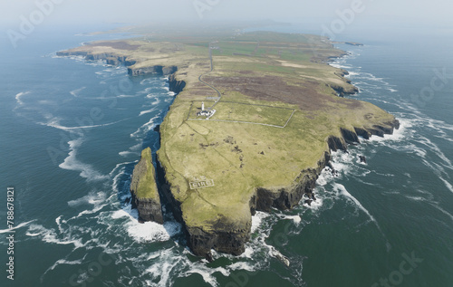 Aerial view of Aill na Brun Lighthouse by the coast, Kilballyowen, Clare, Ireland. photo