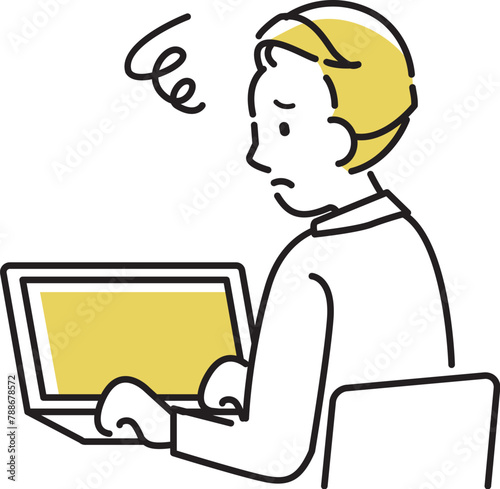 定番　シンプル人物　こんなお悩みありませんか？　ノートPCの前で悩む男性　30代20代　後ろ