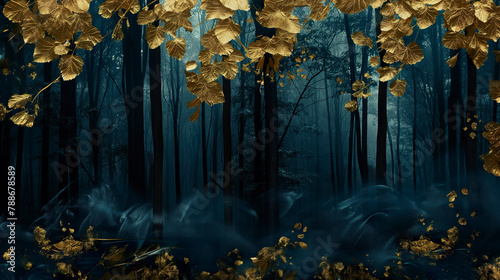 An abstract oil painting of nature with a duotone color palette of dark and golden tones in a unique atmosphere. Landscape with natural elements in dark and expressive tones.
