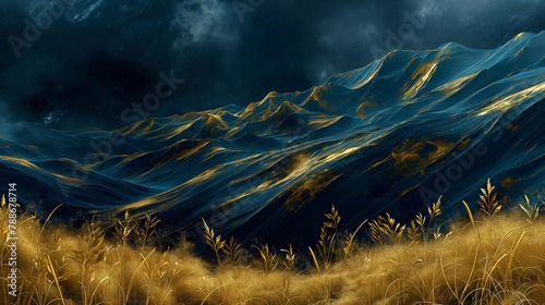 An abstract oil painting of nature with a duotone color palette of dark and golden tones in a unique atmosphere. Landscape with natural elements in dark and expressive tones.