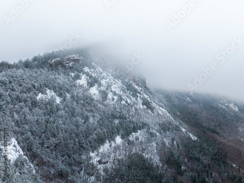 Aerial drone view of Franconia Notch in New Hampshire. This was taken above Echo Lake looking South, United States. photo