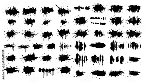 Ink splatter set vector illustration black and white. Dirty abstract spray shape blob and splash texture liquid. Textured element brush collection silhouette decoration