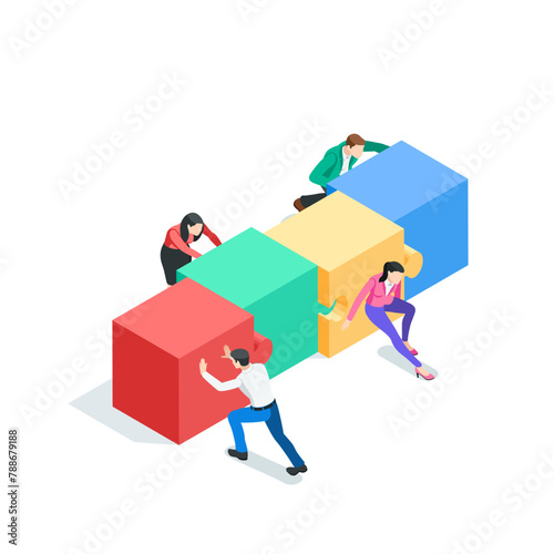 isometric vector people putting together puzzles, in color on a white background, teamwork and common business goal