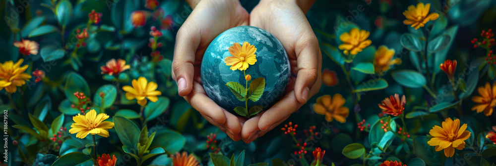 Hands holding a painted Earth surrounded by leaves, depicting environmental care and protection.