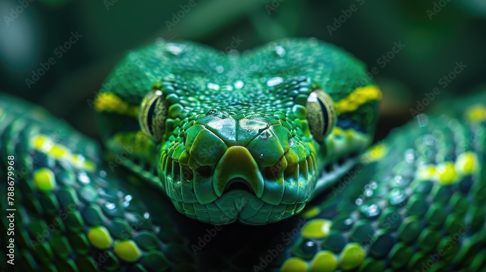 Coiled green snake with raindrops on its skin Coiled green snake with raindrops on its skin