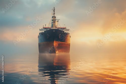 Cargo ship sailing through golden mist