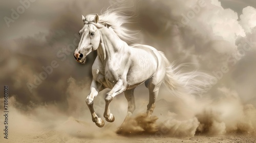 Realistic White horse running on dust fantasy background. AI generated image © saifur