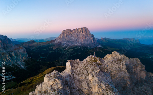 Aerial drone view of sunrise from the top of Pizes de Cir, Cirspitzen in The Dolomites, Italy. photo