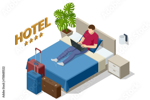 Isometric Modern Bedroom Suite in Hotel. Hotel Checking in and Having Rest in Their Rooms. Enjoy the Holiday and Vacation. Mobile Application, Hotel Booking Online on Website