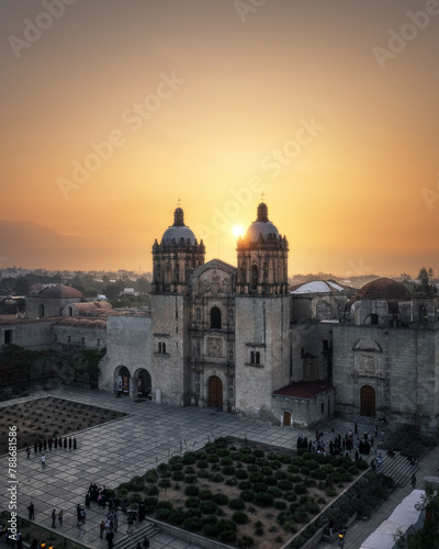 Aerial drone view of Santo Domingo church, an important landmark in Oaxaca at sunrise, Mexico. photo