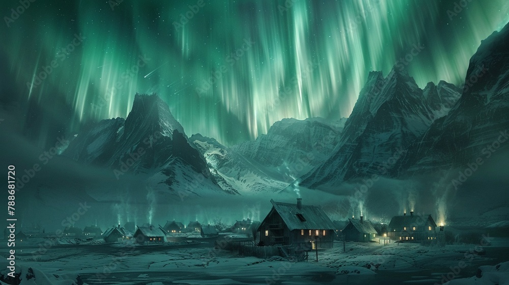 Enchanting display of polar lights over silent, snowy villages during the longest night