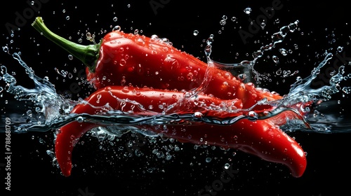   A red pepper floats in still water against a black backdrop, with a single splash gracefully touching its side