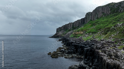 Aerial view of rugged basalt columns at An Corran Beach, Isle of Syke, Scotland. photo