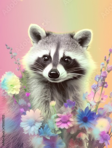 The raccoon is holding a bouquet of beautiful wildflowers.